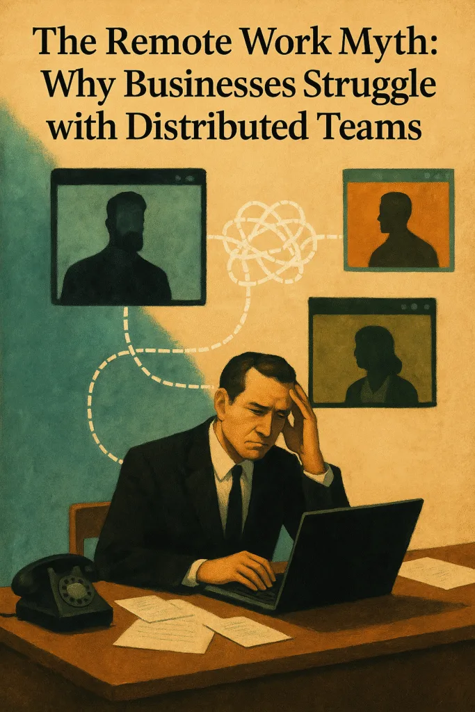 Illustration of a stressed business leader surrounded by disconnected video calls, symbolizing misaligned remote teams and broken communication systems