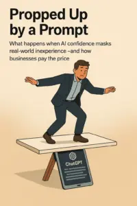A business professional struggles to balance on a platform that’s being propped up by an oversized tablet displaying an AI prompt. The scene represents how AI can create artificial confidence in inexperienced employees and cause instability inside companies.
