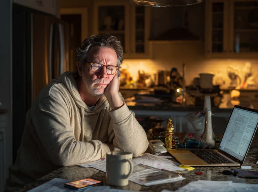 Middle-aged man sitting at a kitchen table late at night, surrounded by paperwork, laptop, and phone, showing the quiet exhaustion of managing modern life and complexity.