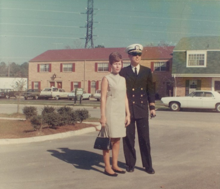 Young U.S. Navy sailor standing with his wife in Virginia Beach in the late 1960s, around the time he wrote letters while serving overseas.