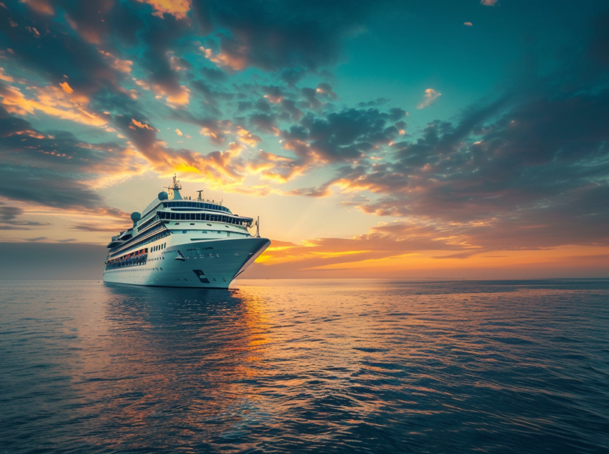 Modern cruise ship at sea during sunset representing Norwegian Cruise Line stock and cruise industry investing