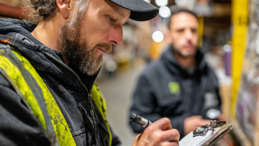 Warehouse manager documenting inventory during an operational audit focused on cost reduction and internal controls