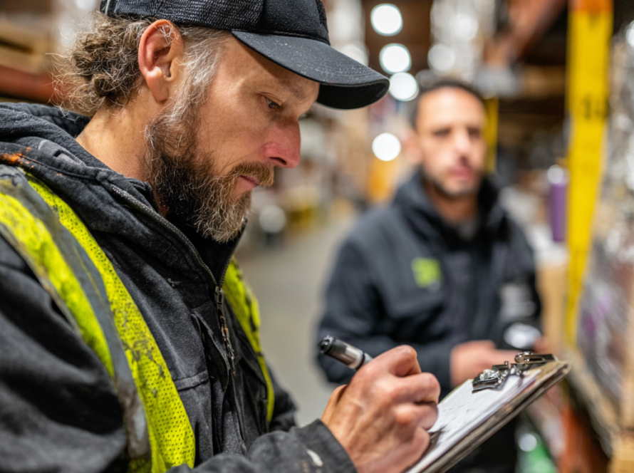Warehouse manager documenting inventory during an operational audit focused on cost reduction and internal controls