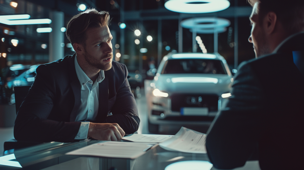 Business executive negotiating at car dealership desk illustrating retire off every deal pricing strategy