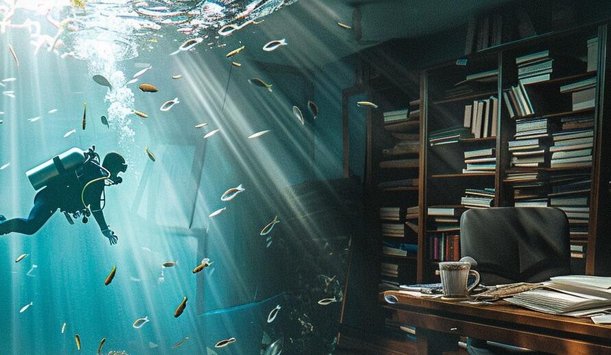 Scuba diver navigating a chaotic office representing small business investment risk