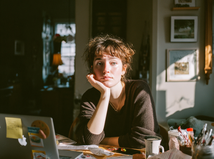 Person sitting at a cluttered table at home with a laptop, phone, papers, and coffee, reflecting subscription fatigue and the mental load of managing recurring charges in modern life.