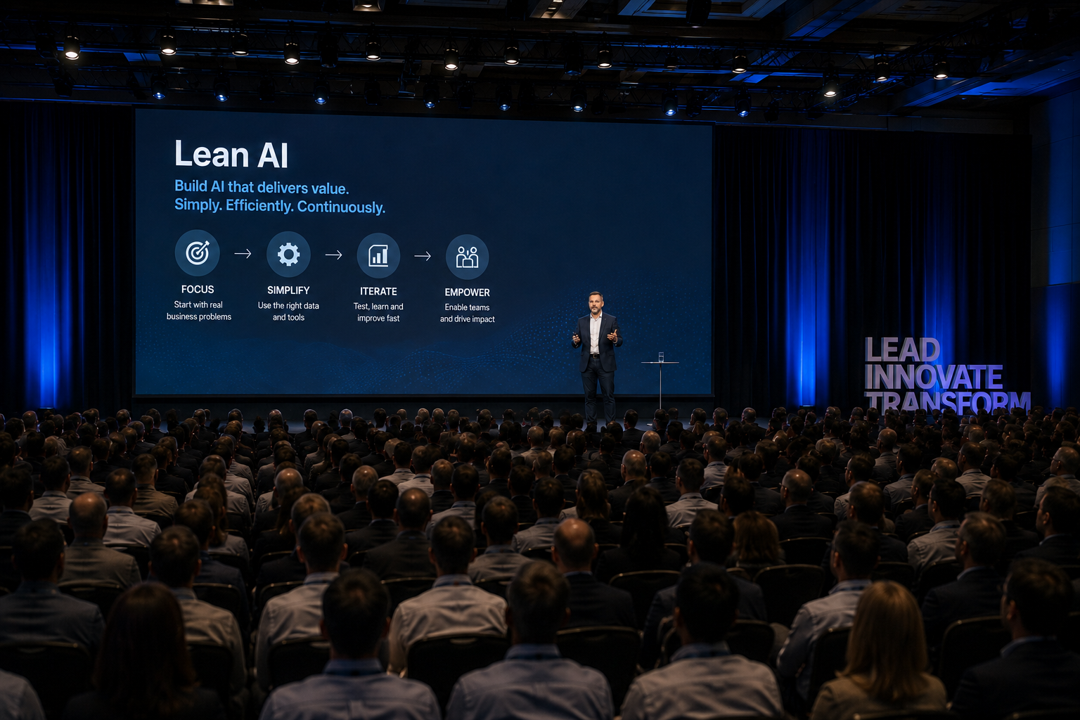 Ryan Gartrell presenting a Lean AI keynote presentation to a large business conference audience. Image Title