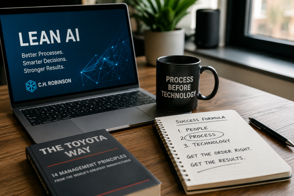 Professional workspace featuring Lean AI strategy presentation, process improvement notes, and business operations planning tools illustrating the concept of process before technology.