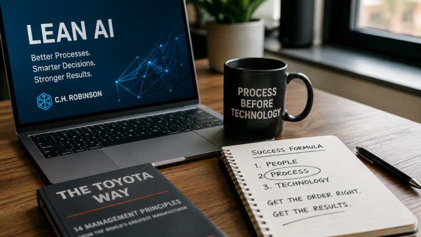 Professional workspace featuring Lean AI strategy presentation, process improvement notes, and business operations planning tools illustrating the concept of process before technology.