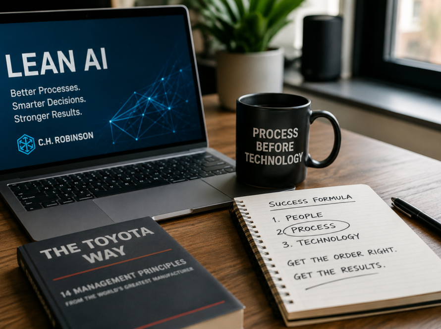 Professional workspace featuring Lean AI strategy presentation, process improvement notes, and business operations planning tools illustrating the concept of process before technology.