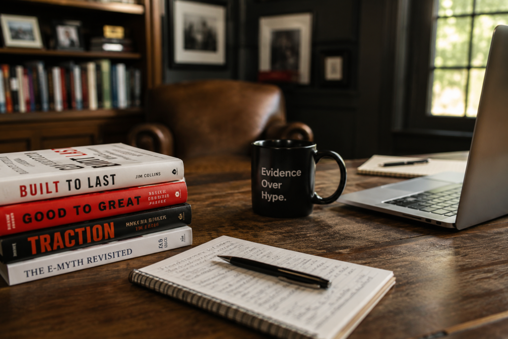 Business strategy workspace with notebook, laptop, and books illustrating the importance of building business authority and expertise instead of relying on AI prompts for search visibility.