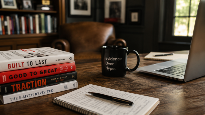 Business strategy workspace with notebook, laptop, and books illustrating the importance of building business authority and expertise instead of relying on AI prompts for search visibility.