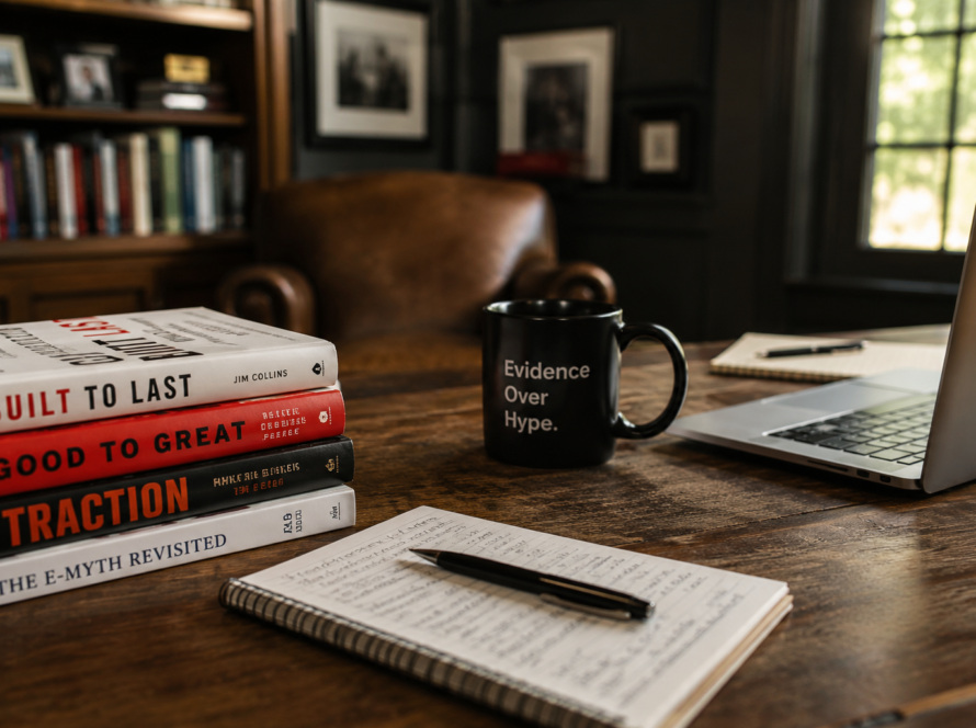 Business strategy workspace with notebook, laptop, and books illustrating the importance of building business authority and expertise instead of relying on AI prompts for search visibility.