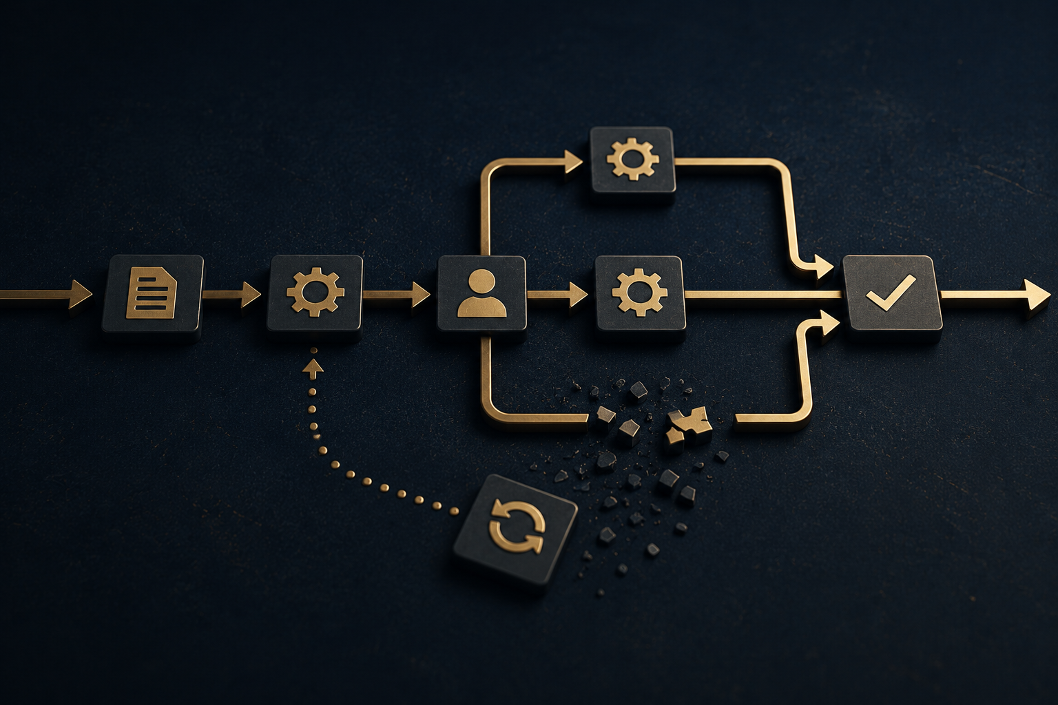 Broken automated workflow with disconnected process steps representing flawed business process automation