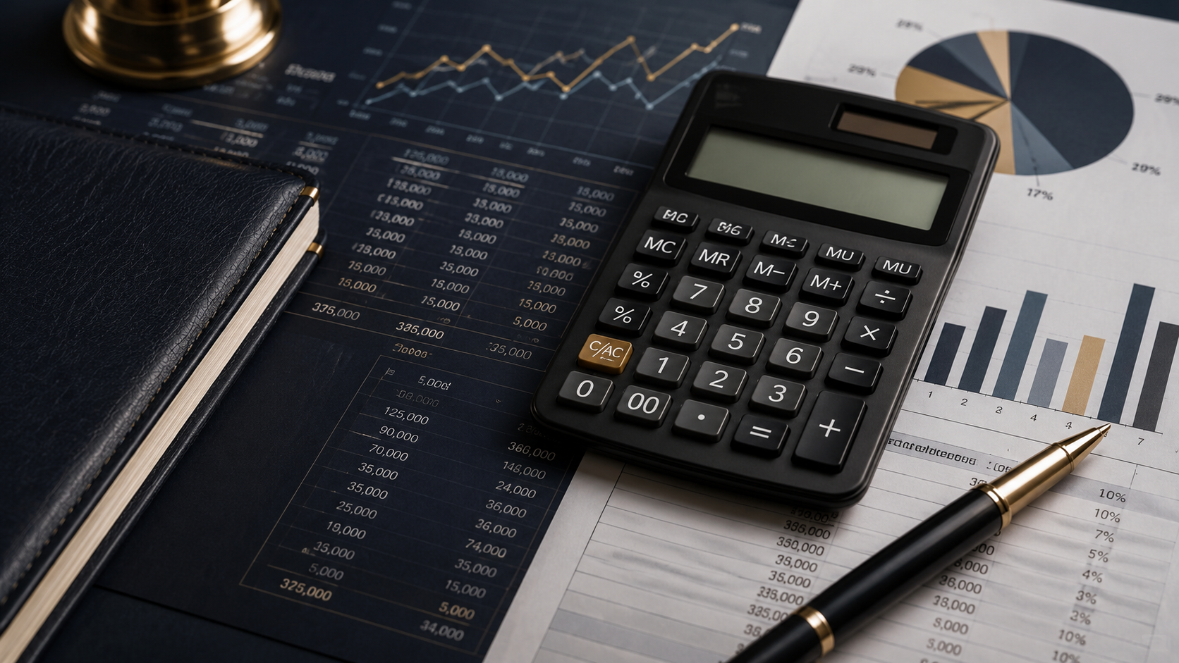 Calculator on business reports and financial charts representing the Business Waste Calculator