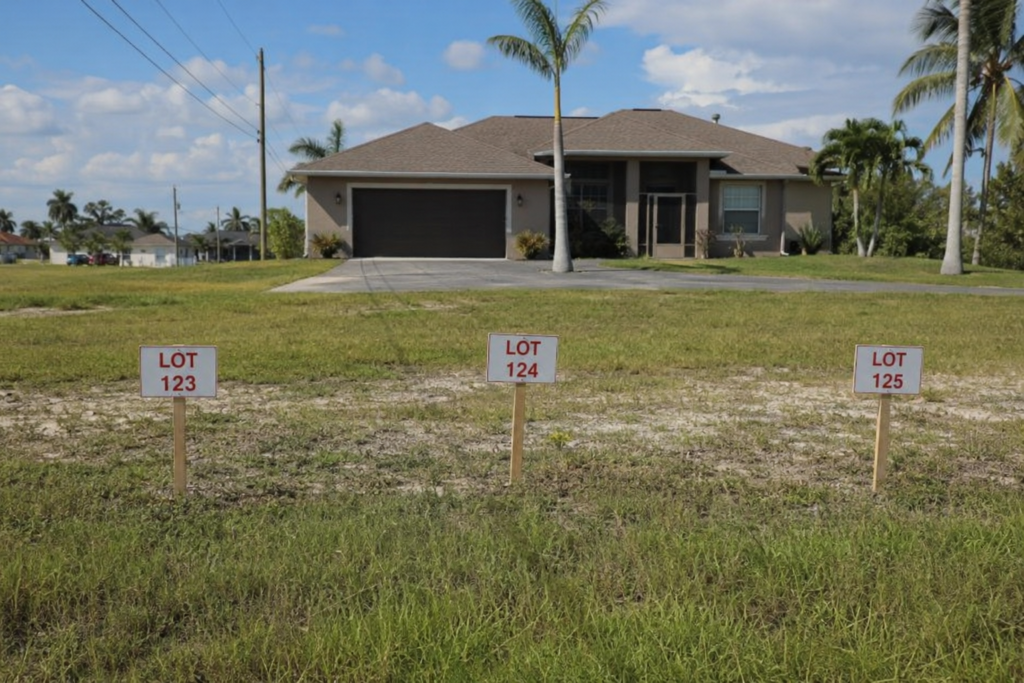 Cape Coral home spanning three lots with a property tax bill and future water and sewer expansion sign.