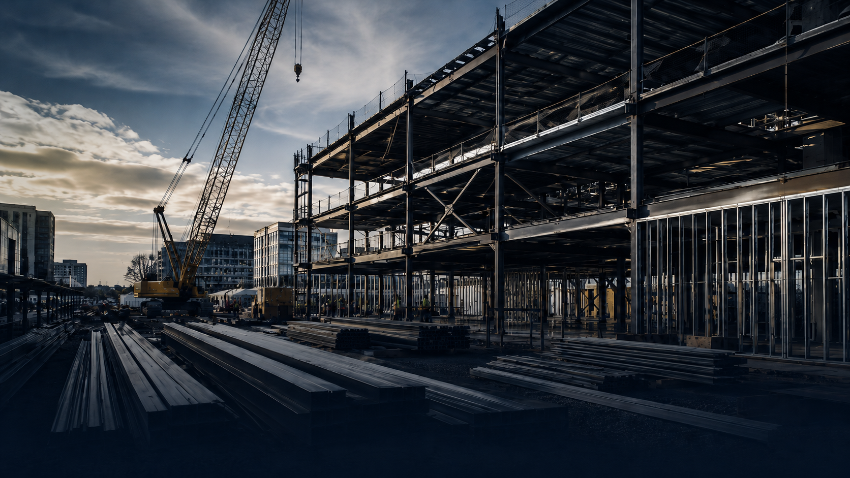 Commercial construction site with structural steel and crane activity representing construction operations consulting