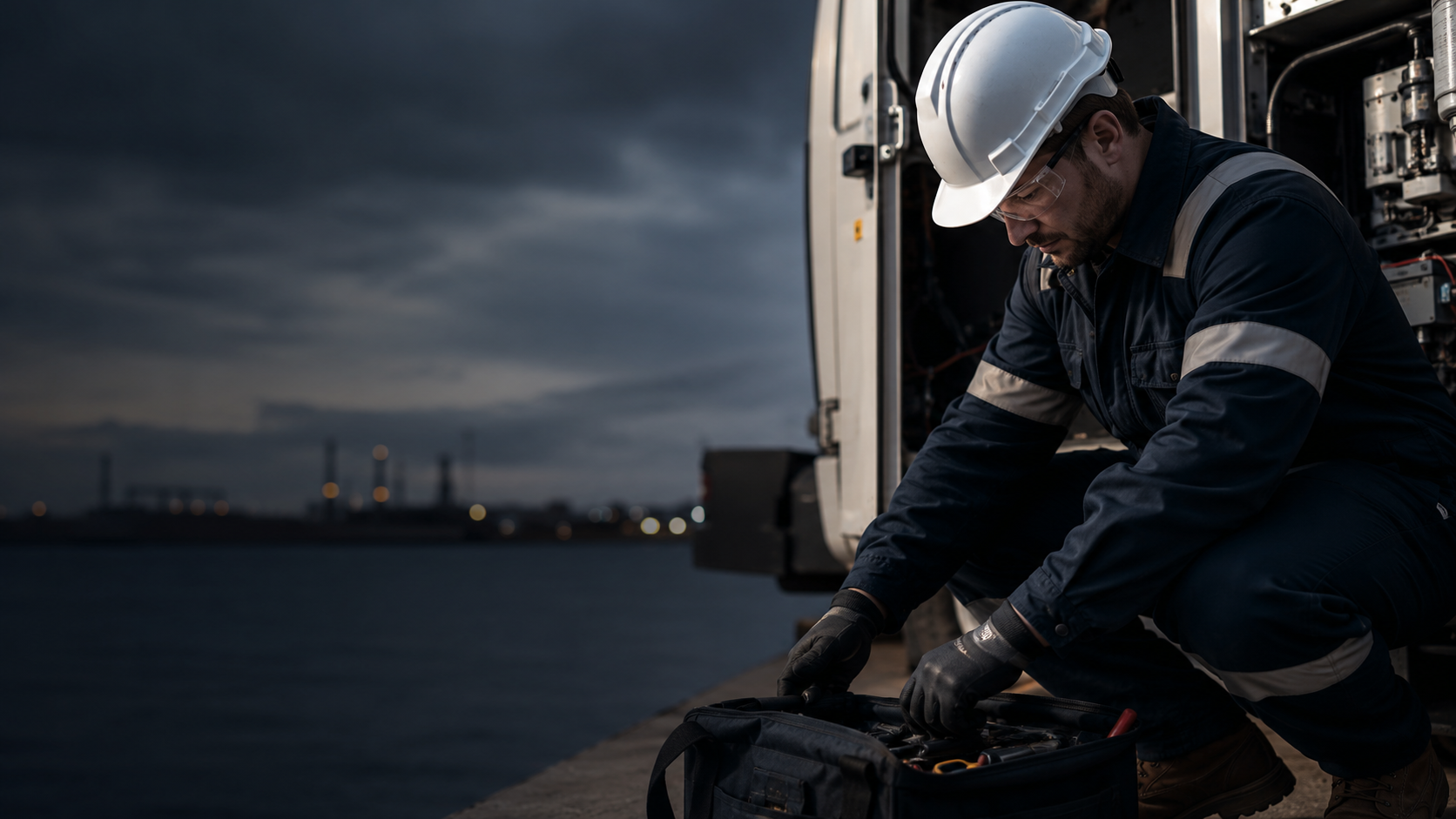 Field service technician preparing tools beside a service vehicle representing field services operations consulting