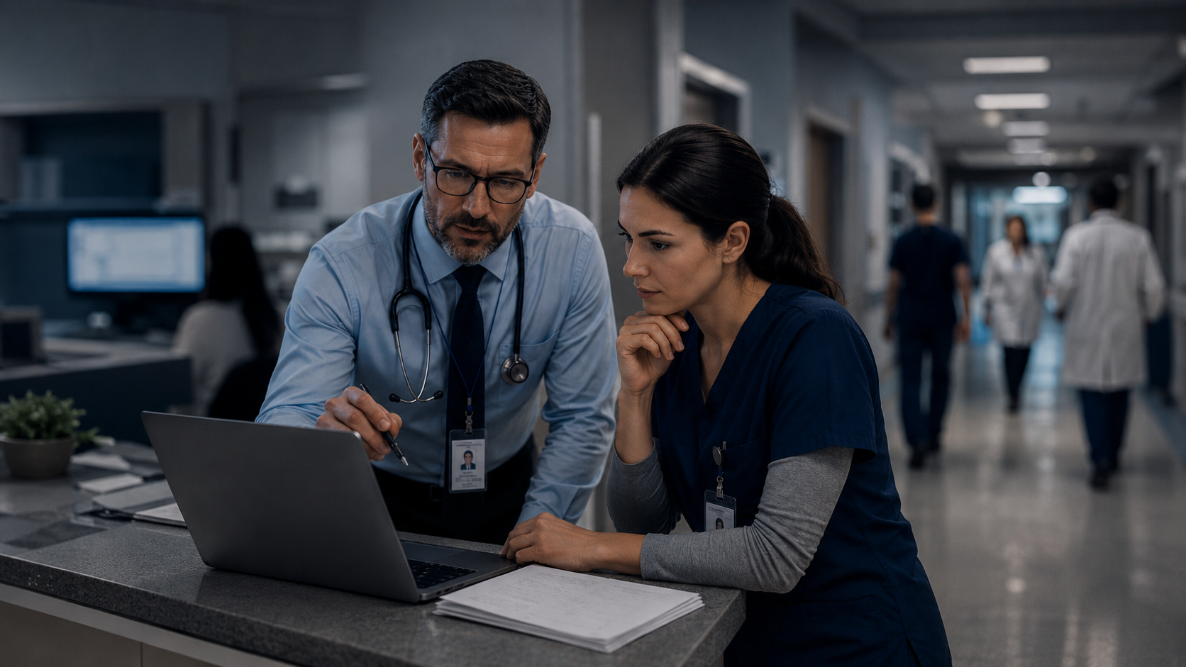 Healthcare professionals reviewing operational information at a hospital workstation
