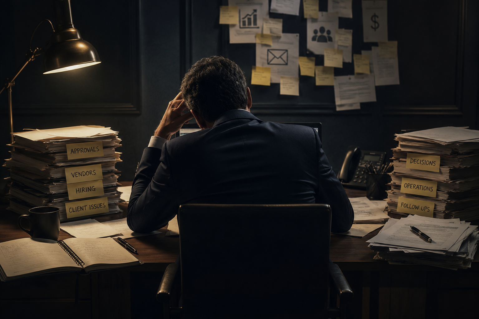 Overwhelmed business owner surrounded by approvals, vendor decisions, client issues, and operational paperwork