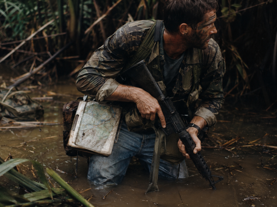 Vietnam-era operator in blue jeans moving through swamp, symbolizing business workarounds and field innovation.