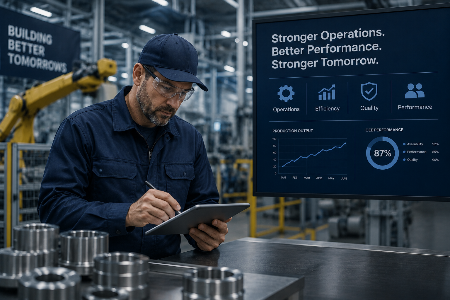 Manufacturing worker monitoring production data and industrial equipment representing manufacturing operations consulting