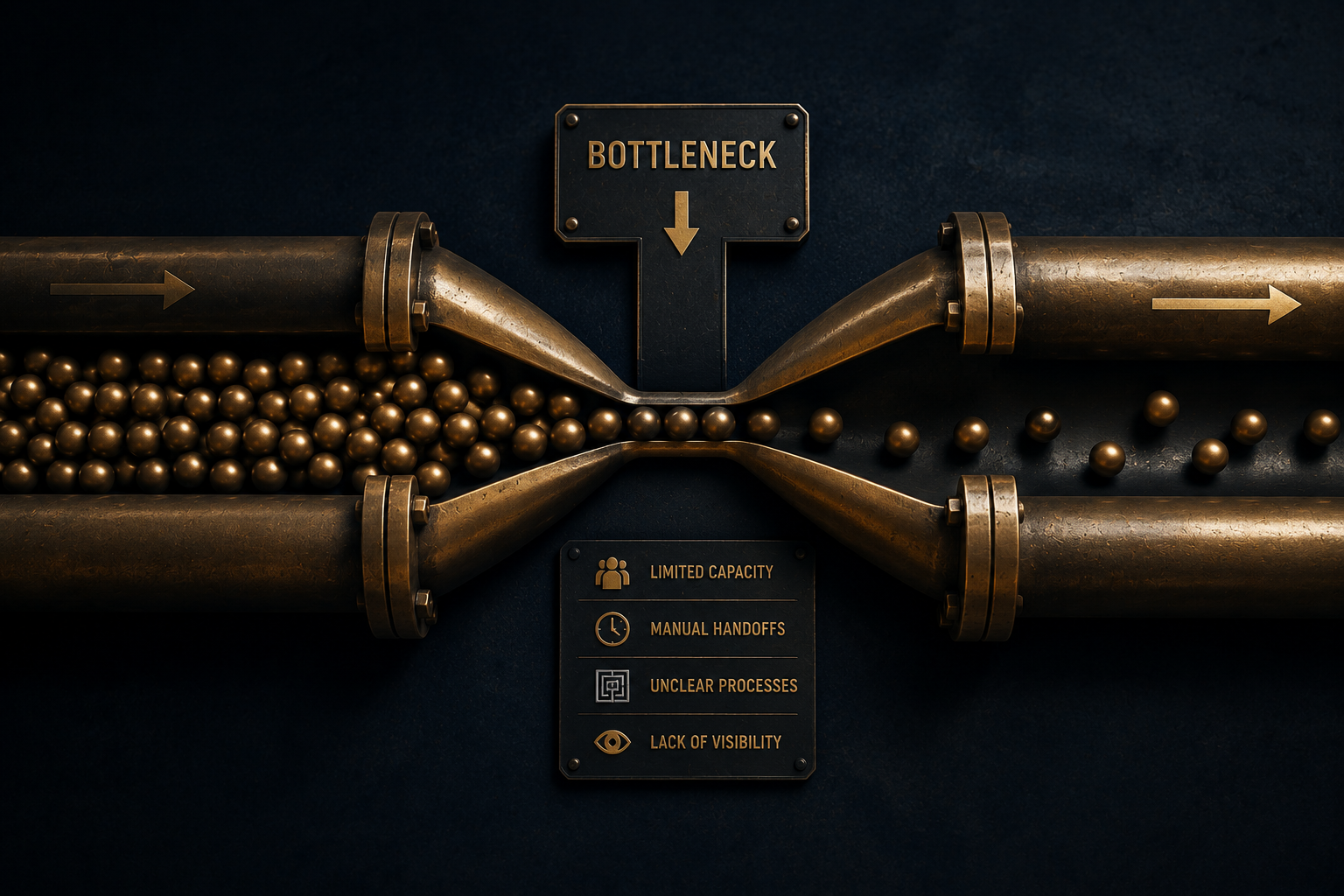 Business workflow narrowing at an operational bottleneck with work accumulating before the constraint