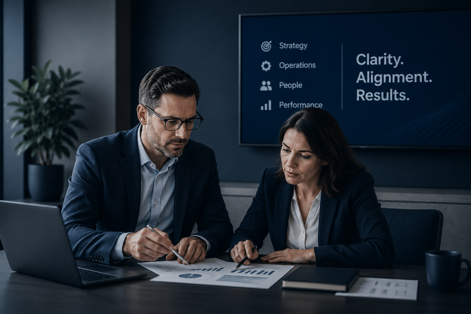Business professionals reviewing performance reports and operational strategy in a modern office