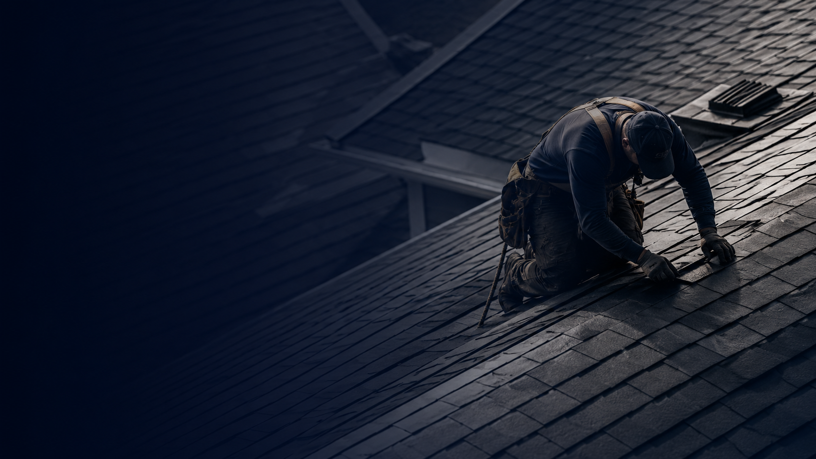 Roofer working on a sloped roof representing roofing operations consulting