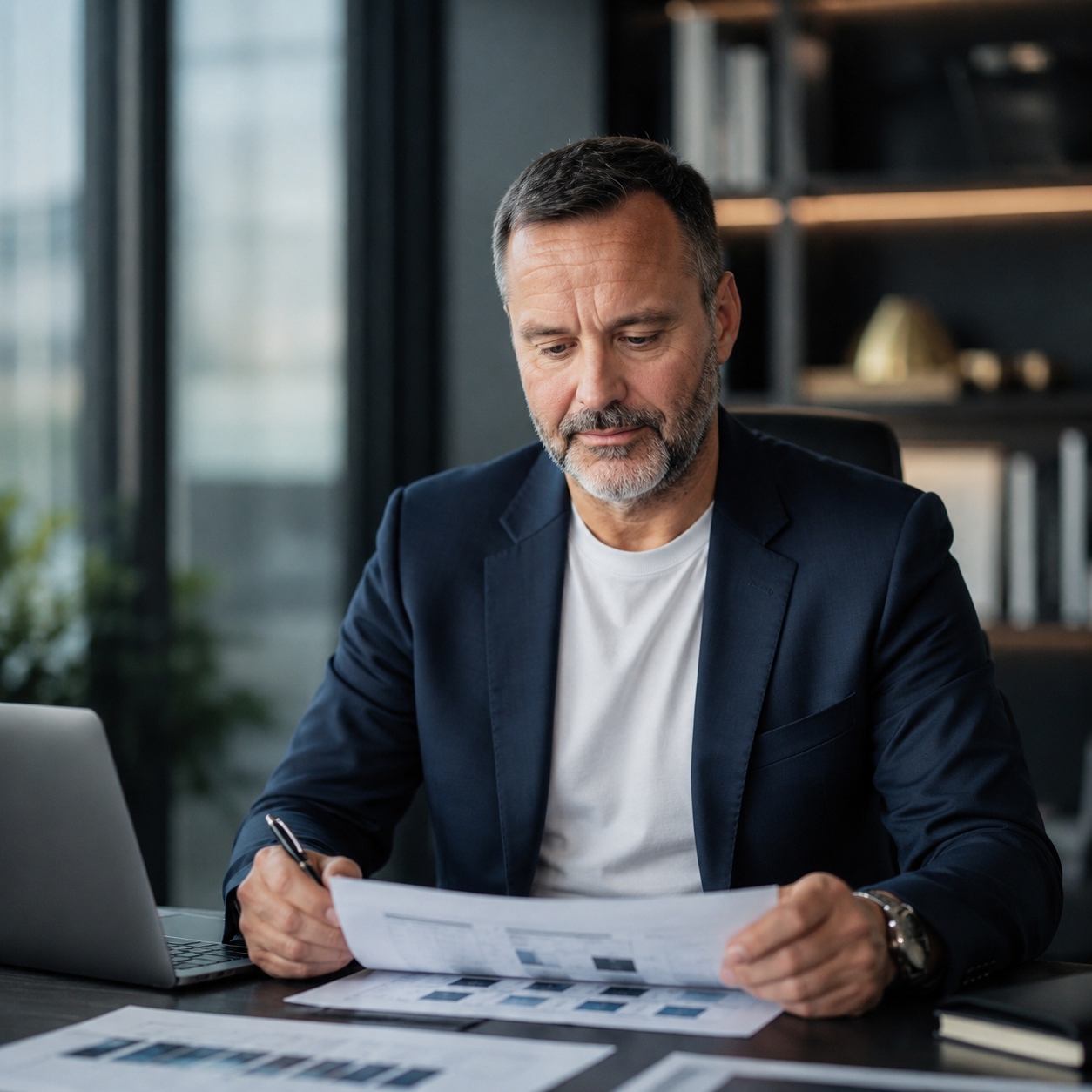 Ryan Gartrell reviewing business process documents and operational workflows at his desk