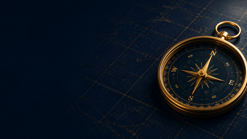 Gold compass on a dark navy blueprint background representing The RYAN Method™ business operations framework and strategic operational clarity.