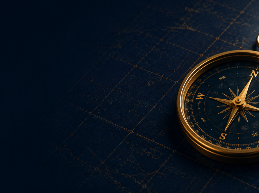Gold compass on a dark navy blueprint background representing The RYAN Method™ business operations framework and strategic operational clarity.