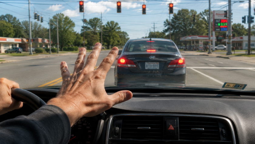 Passenger-seat view of a car approaching a stopped vehicle at a red light, capturing the panic of teaching a teen to drive.