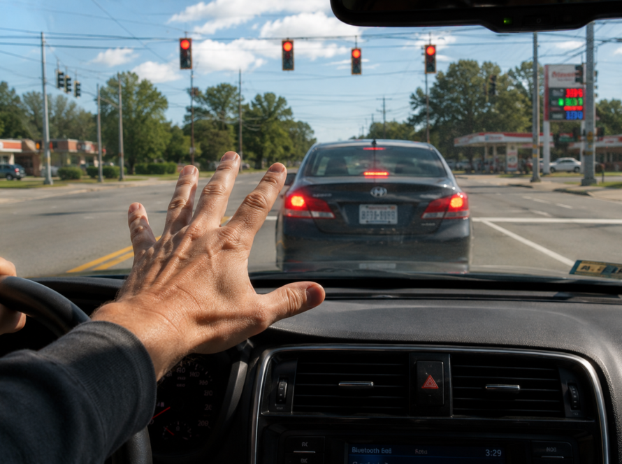 Passenger-seat view of a car approaching a stopped vehicle at a red light, capturing the panic of teaching a teen to drive.