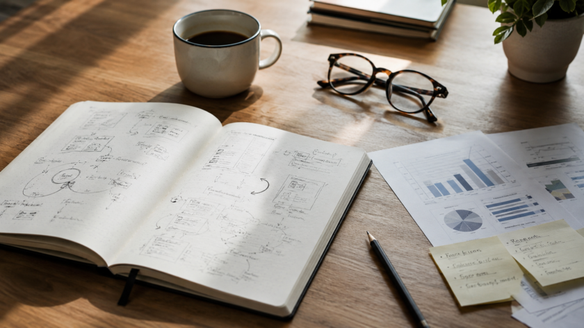 Creative workspace with notebook sketches and analytics charts representing vision and validation