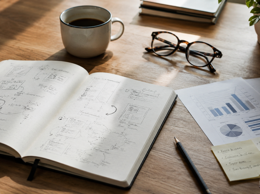 Creative workspace with notebook sketches and analytics charts representing vision and validation