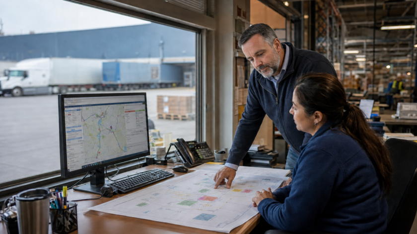 Ryan Gartrell reviews a logistics workflow and AI-enabled operations process with a business professional.