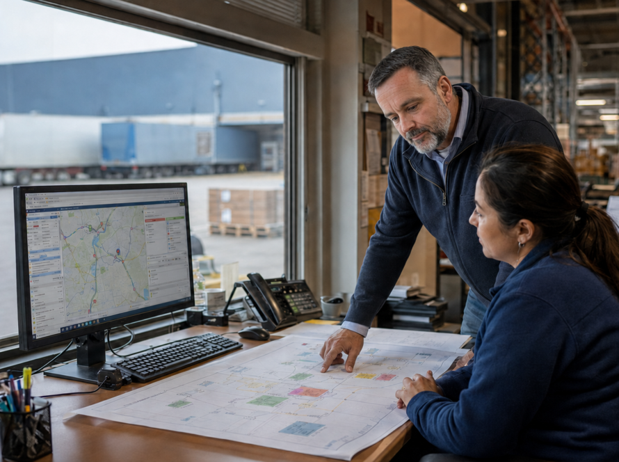 Ryan Gartrell reviews a logistics workflow and AI-enabled operations process with a business professional.